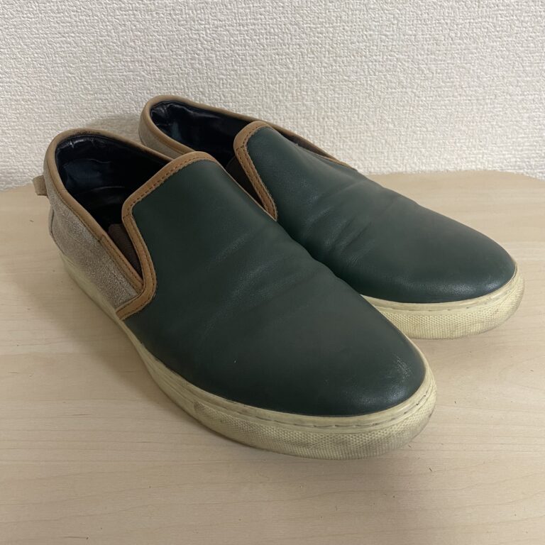 グリーン×ベージュ レザー スリッポン スニーカー ローカット カジュアルシューズ